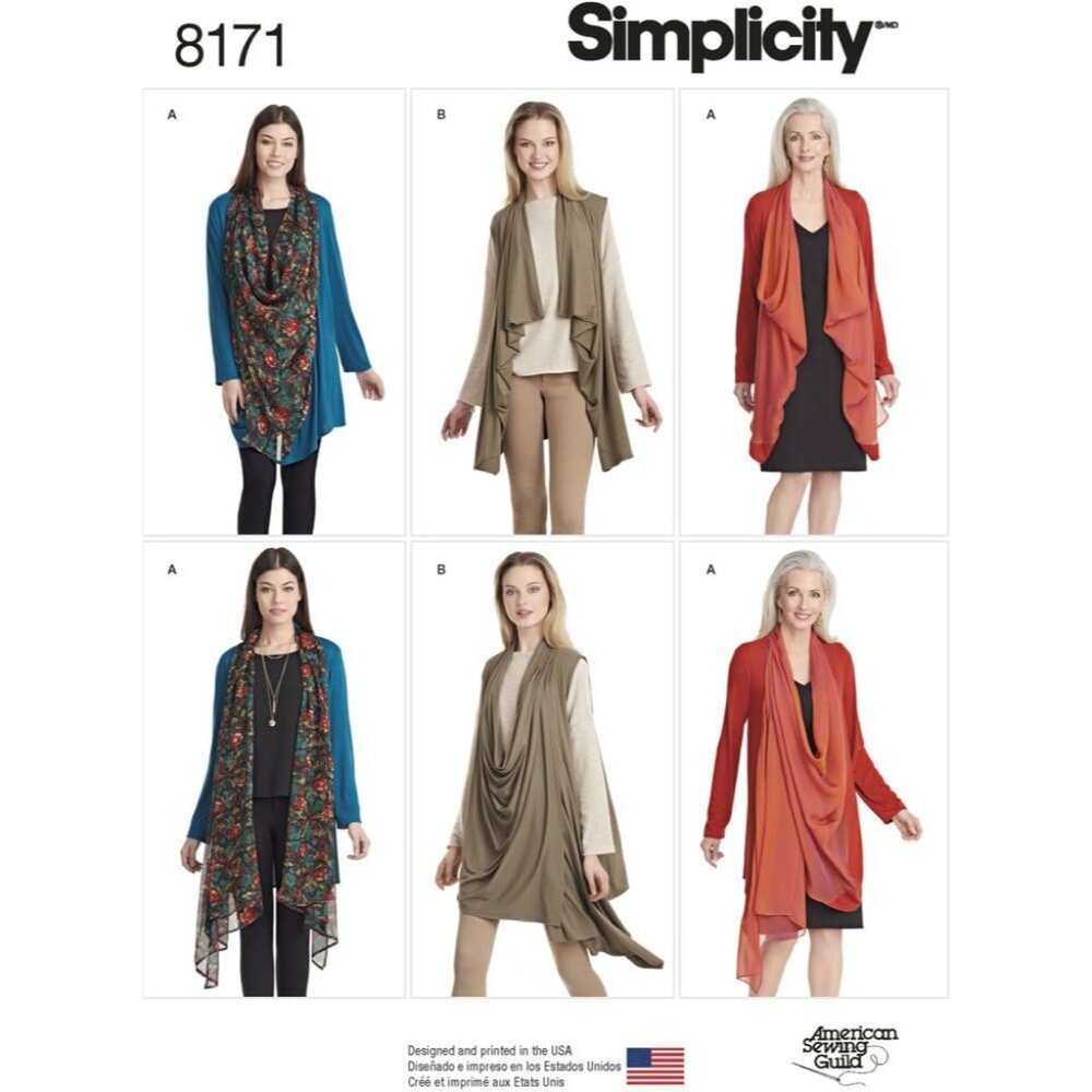 Misses Knit Cardigan Vest Pattern‎ Draped Front Collar Simplicity 8171 XXS-XXL